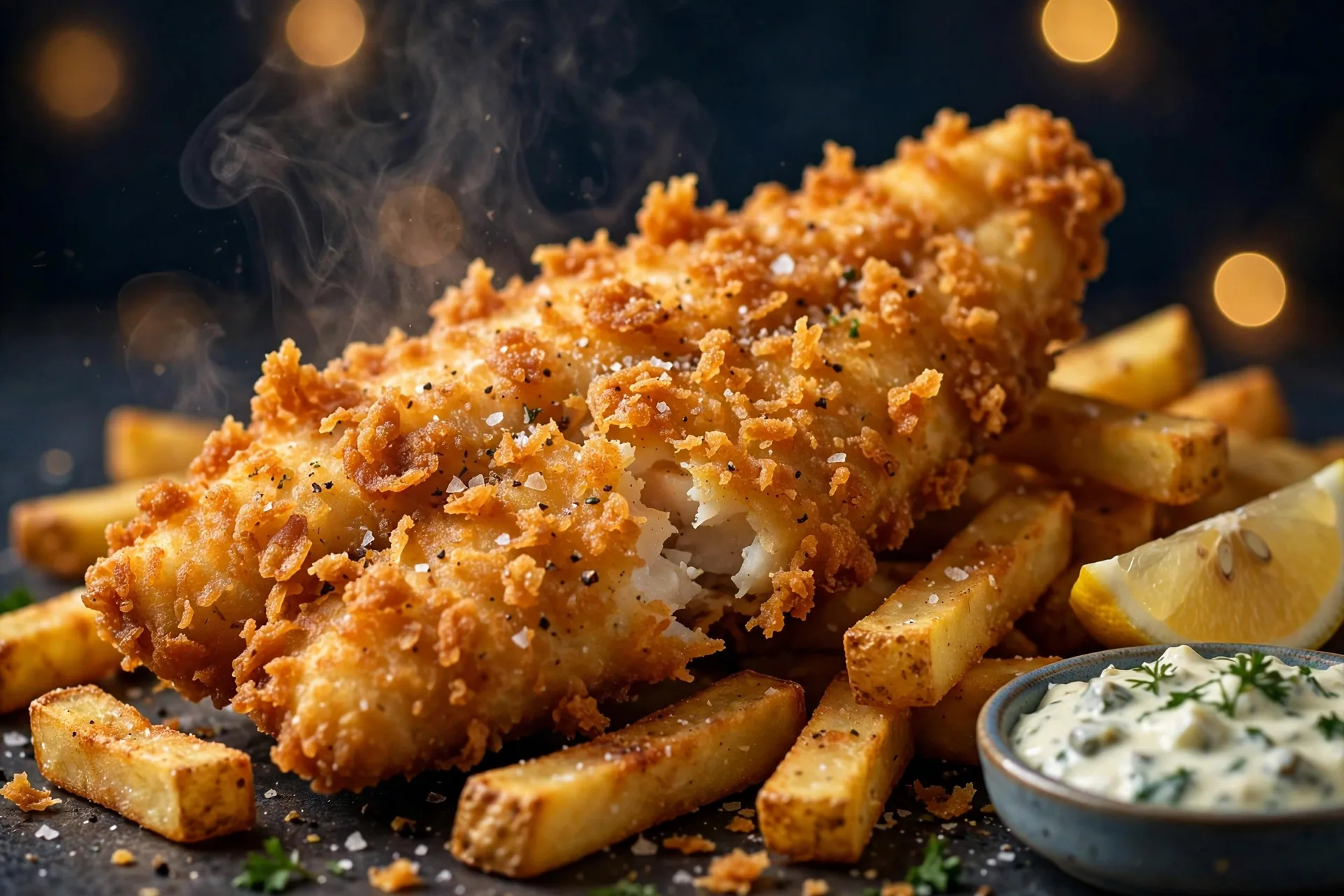 Battered fish with french fries, coleslaw and tartar sauce