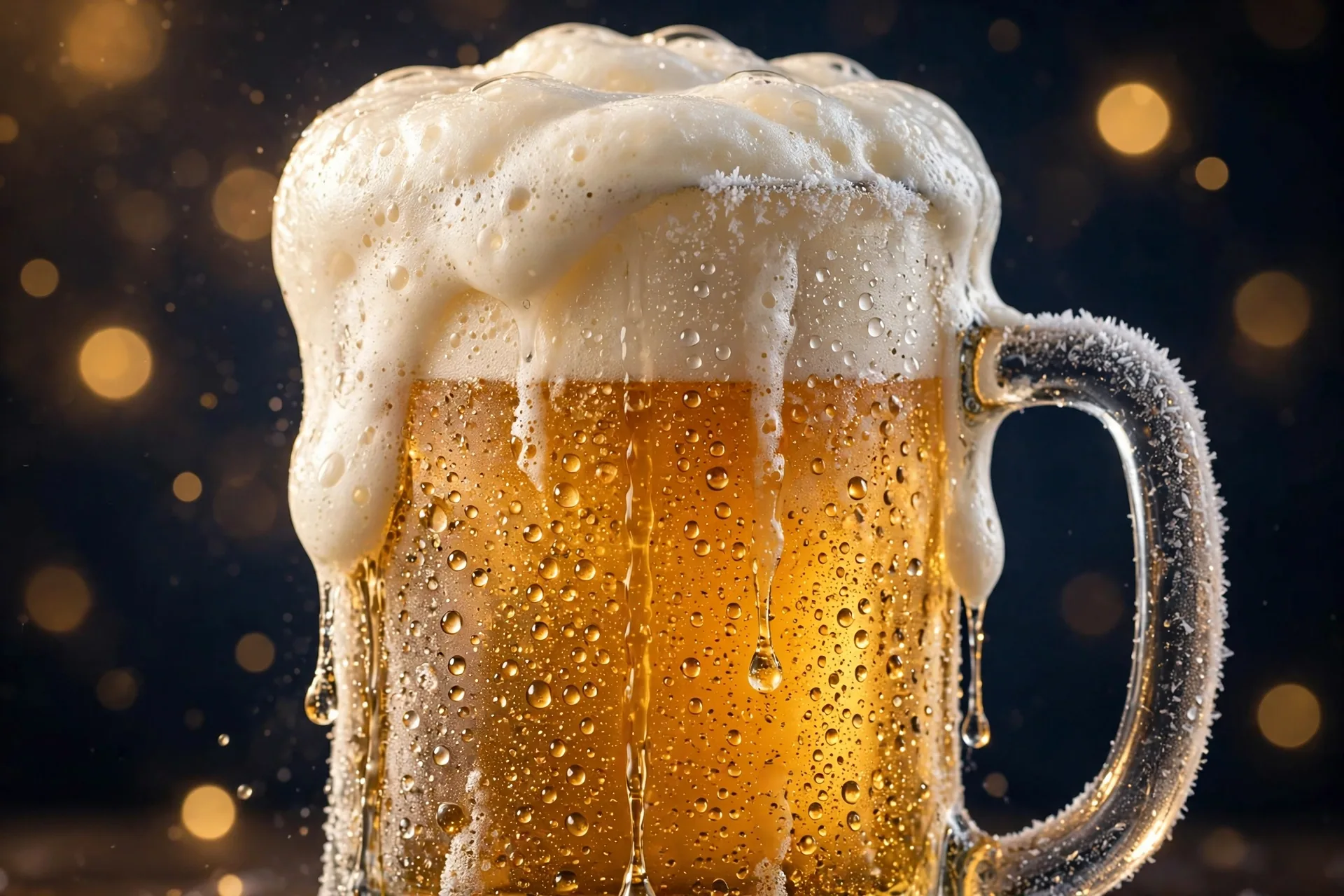 Ice-frosted mug of golden draft beer topped with a thick head of foam